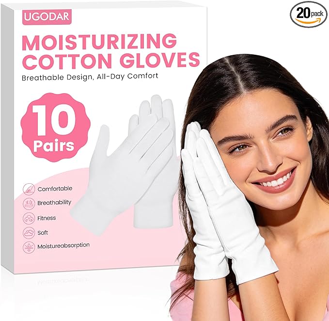 20 Pcs White Cotton Gloves for Dry Hands, Soft Overnight Moisturizing Gloves for Eczema & Dry Skin, Stretchable Lotion Spa Gloves for Men Women, Cotton Gloves for Coin Jewelry Silver Handling