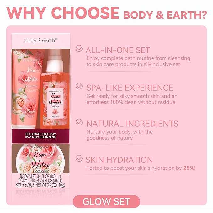 BODY & EARTH Gift Set - Spa Sets for Women, Perfume, Body Lotion, and Scrub in a Rose Water Box - Perfect Birthday Gifts for Mom Girlfriend Her