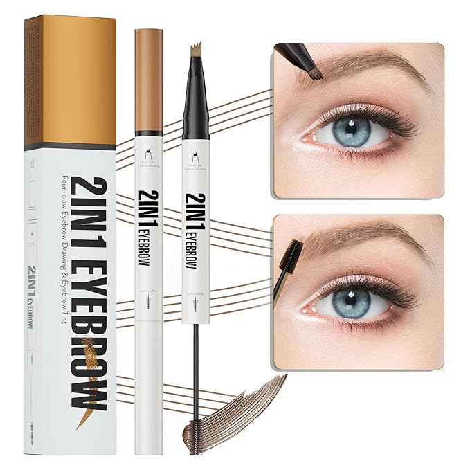 2-in-1 Eyebrow Pencil & Tinted Brow Gel - Dual-Ended Microblading Pen with 4-Fork Tip, Waterproof, Smudge-Proof for Natural Hair-Like Brows, Long Lasting 24H (Light Brown)