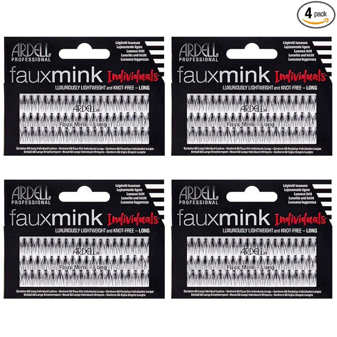 Ardell Faux Mink Individual Lashes - Long Black, Lightweight, Natural-Looking DIY Lash Clusters, Reusable Fake Eyelashes, 4 Pack