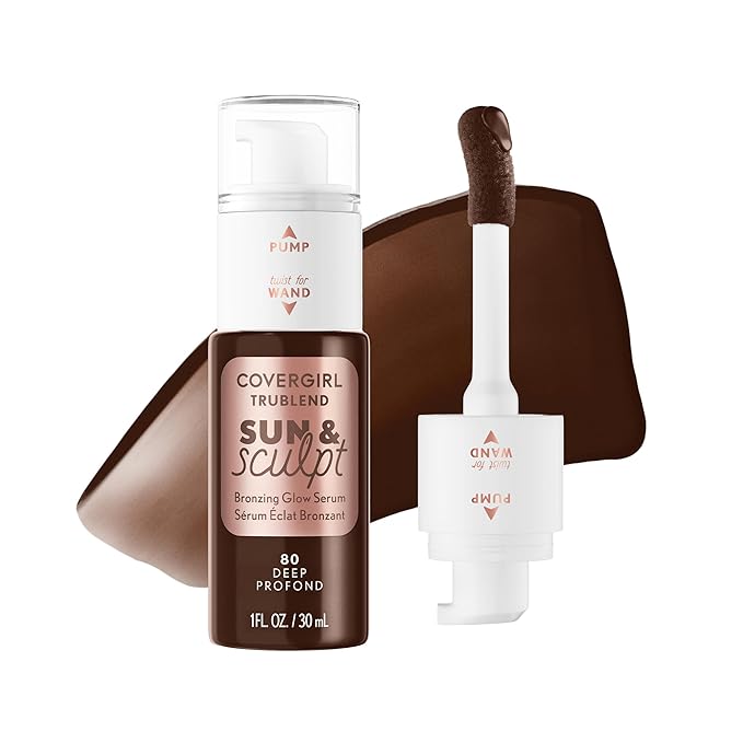 COVERGIRL TruBlend Sun & Sculpt Bronzing Glow Serum, Buildable, Radiant Glow, Wand and Pump Applicator - 80 Deep