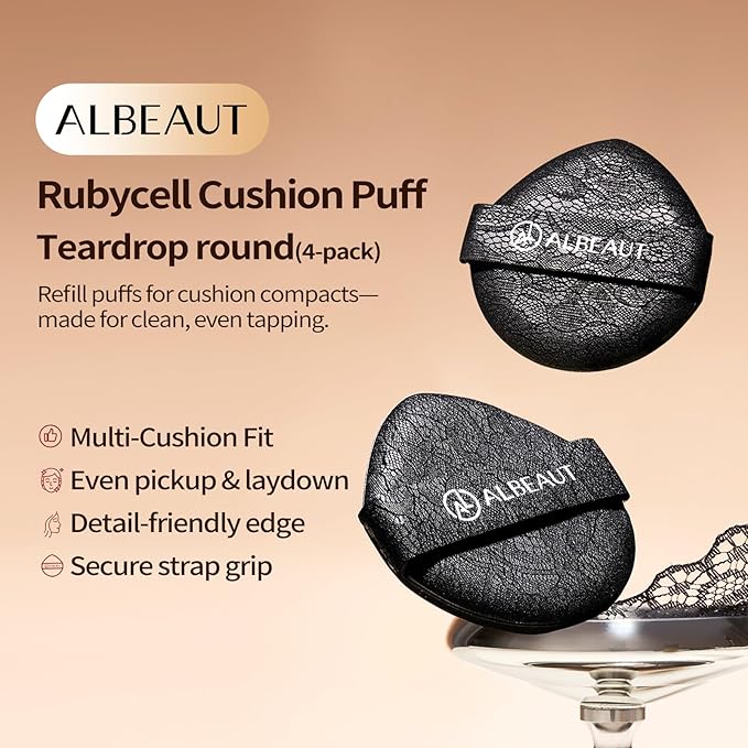 ALBEAUT Rubycell Cushion Puff, 4PCS Teardrop Makeup Applicator for Cushion Foundation, Liquid Foundation & Cream Makeup, Lace-Detail PU Back, Precision Tip