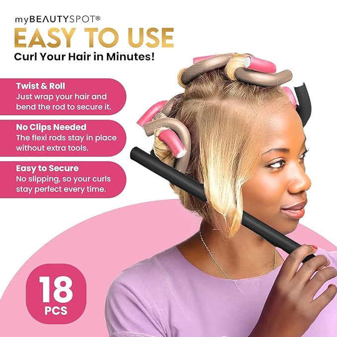 My Beauty Spot Flexi Rods Foam Hair Rollers 18 Flexi Rods 1/2", 3/4", 5/8", and 1" Diameter Professional Salon Quality 18 Pcs Rubber Hair Rollers for Short, Long, and Medium Hair