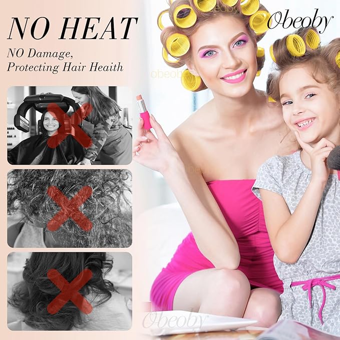 Obeoby 4 Sizes Hair Rollers for Women, 50 Pcs Set Hair Curlers with Clips Comb Curlers for Long Short Curly Hair and Bangs (25, 36, 48, 60mm), Yellow