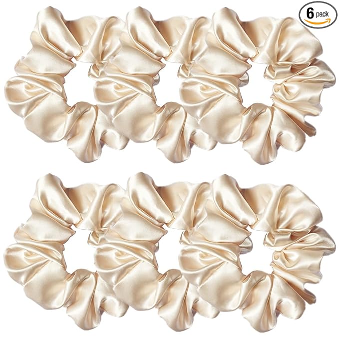 6 Pcs Satin Silk Scrunchies, Soft Hair Ties, Fashion Hair Bands, Bow Ropes, Elastic Ponytail Holders for Women and Girls (4.5 Inch, Beige)