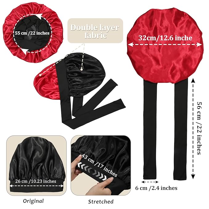 Reversible Satin Bonnet for Women With 3PCS Hair Scrunchies Tie Band - Large 2 Layered Silk Sleeping Cap Nightcap (Black/Red)