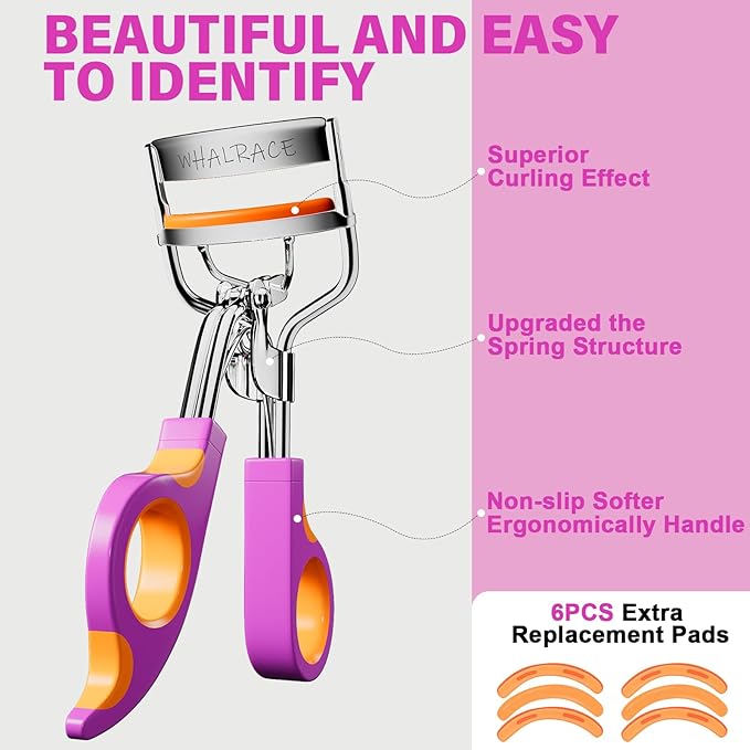 Eye Lash Curler with 6 Extra Replacement Pads, Whalrce Great Curling Effect Premium Lash Curler, Comfortable to Grip -Orange Purple Silver