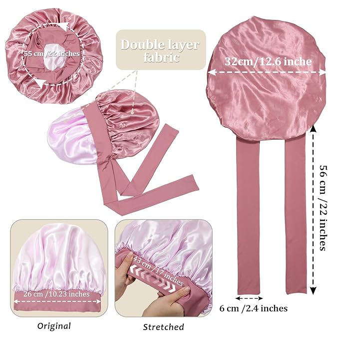 AWAYTR Women's Reversible Satin Bonnet with 3PCS Hair Scrunchies Tie Band for Sleeping, Large 2 Layered Silk Sleeping Cap Nightcap (Reversible (Dust Rose/Pink))