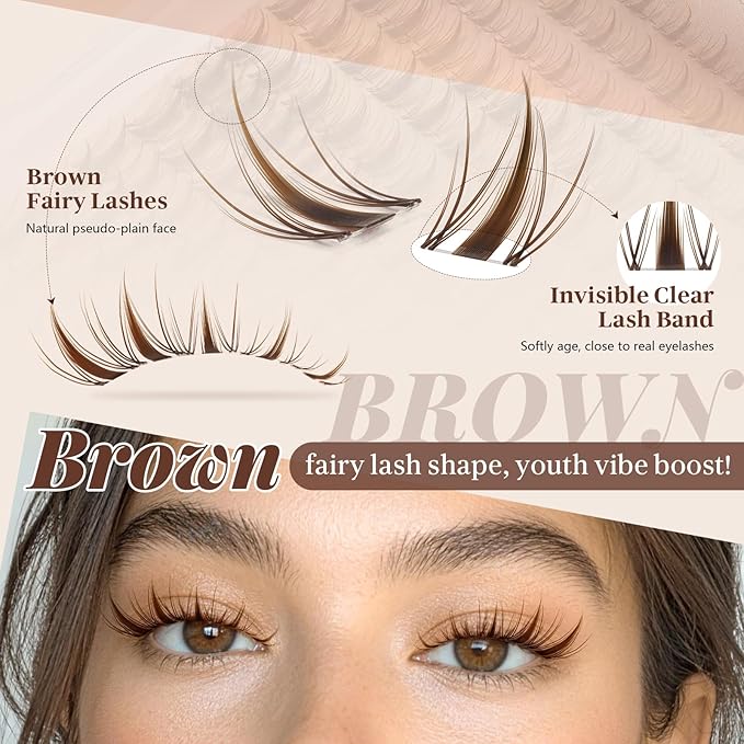 JMS&JMS Brown Fairy Lash Clusters Kit, Anime Manga Lash Extension Kit, Invisible Band Fairy Lashes, Wispy Natural Eyelash Clusters Kit with Bond and Seal and Applicators (Brown Fairy-C-8-18Mix)