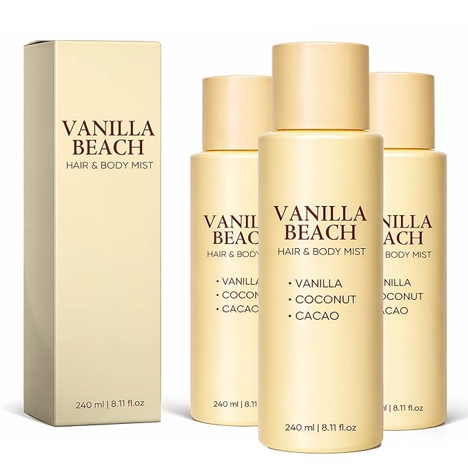 Vanilla Beach Hair and Body Mist - Vanilla Coconut Scented Personal Care Spray, Lightweight Daily Refresh Mist for Hair and Skin - 8.11 fl oz (3pcs)