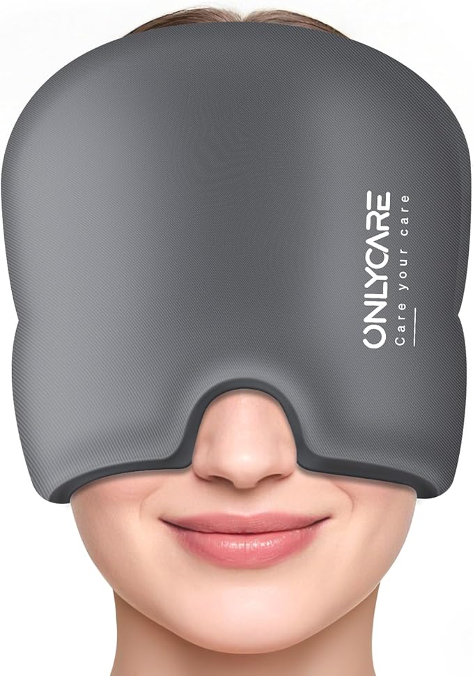 ONLYCARE Migraine Relief Cap, Soothing Migraine Mask, Upgraded Odorless Gel Ice Head Wrap, Hot and Cold Therapy, Headache Ice Pack for Tension, Stress, Hangover(Grey)