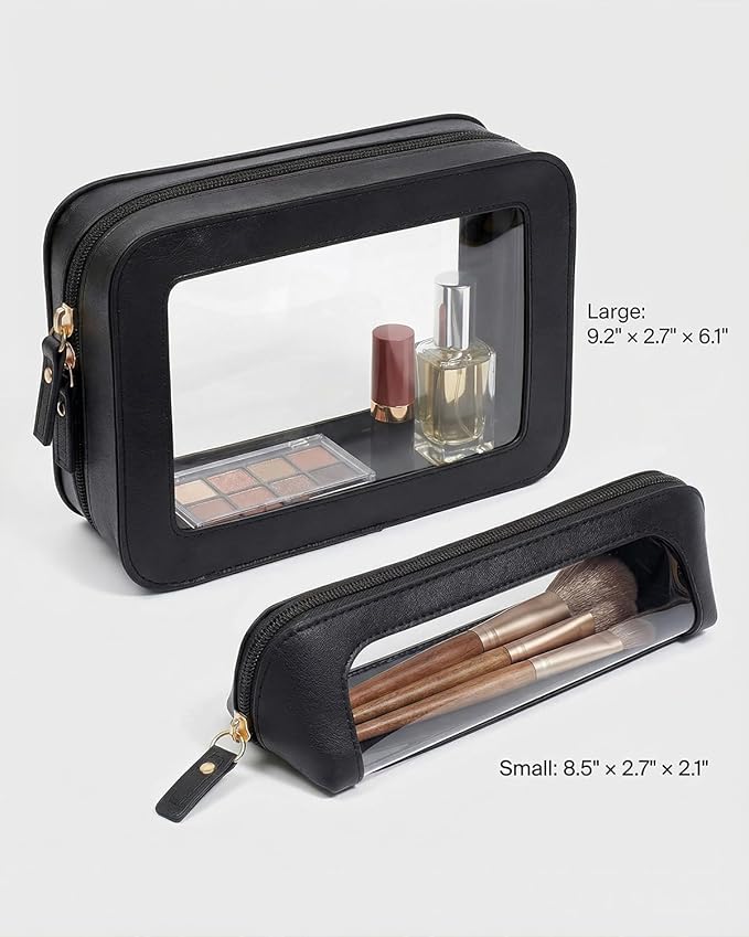 Clear Makeup Bag Set - Travel Toiletry Organizer for Women, Waterproof Cosmetic Pouch & Car Accessories for Women Men Travel Toiletry Bag Skincare Pouch with Golden Zipper (2Pack-Standard&Slim, Black)