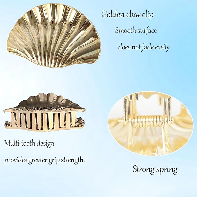 3PCS Seashell Claw Clip for Women 3.74 Inch Gold Shell Claw Clip for Thick/Thin Hair Hawaiian Hair Accessories for Girls, Hawaii Tropical Decor for Summer Beach Vacation (Gold White Blue Gradient)
