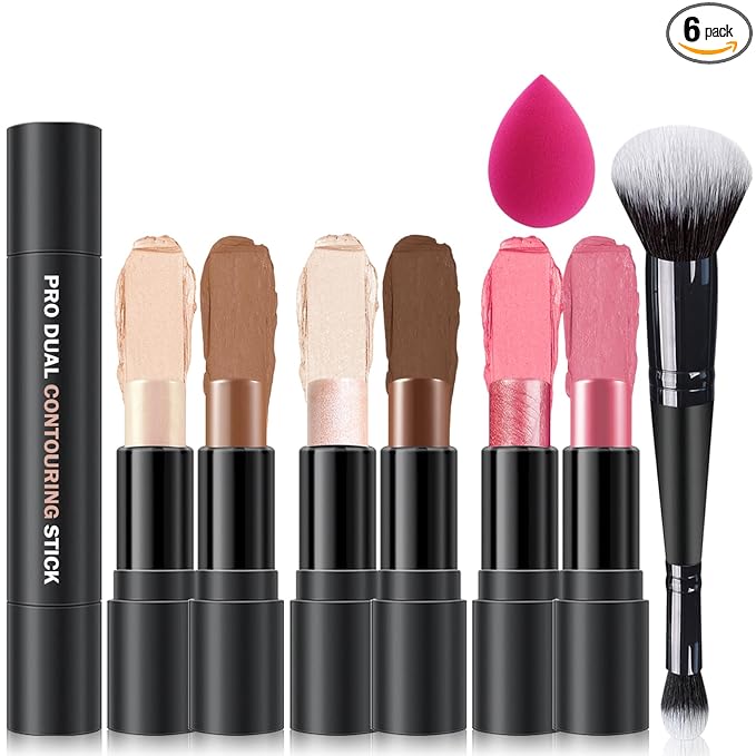6 Colors Cream Contour Stick Makeup Contour Kit,Double-ended Cream Bronzer Stick,Highlighter Stick,Cream Blush Stick,Lightweight Contour Makeup Kit for Beginners - Set A