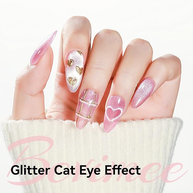 Pink Cat Eye Gel Polish, Glitter Magnetic Nail Polish Shimmer With Magnet Stick, for Holographic Cateye Effect, UV Velvet Gel Nail Art Manicure Salon DIY Home Valentine's Day Gift, 12ML
