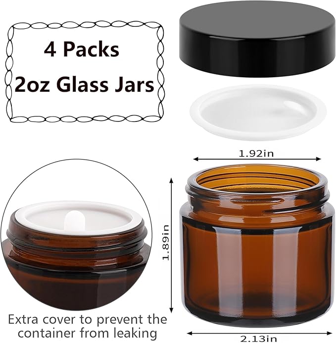 Accmor Glass Jars with Lids, 4 Pack 2 OZ Amber Makeup Sample Container with Inner Liners & Spatulas, Leak Proof Round Travel Cosmetic Storage for DIY Making Lotions, Creams, Body Scrub, Bath Salts