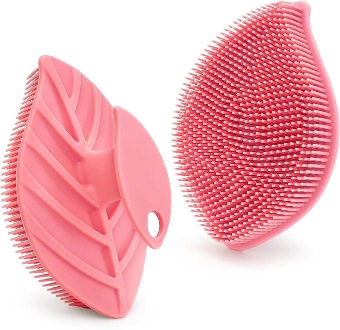 2 Pack Silicone Body Scrubber, Soft Silicone Loofah, Gentle Exfoliating Body Scrubber for Sensitive Skin, Leaf Shaped Shower Scrubbers, Silicone Scrubbers Body Brush for Women Men (Pink)