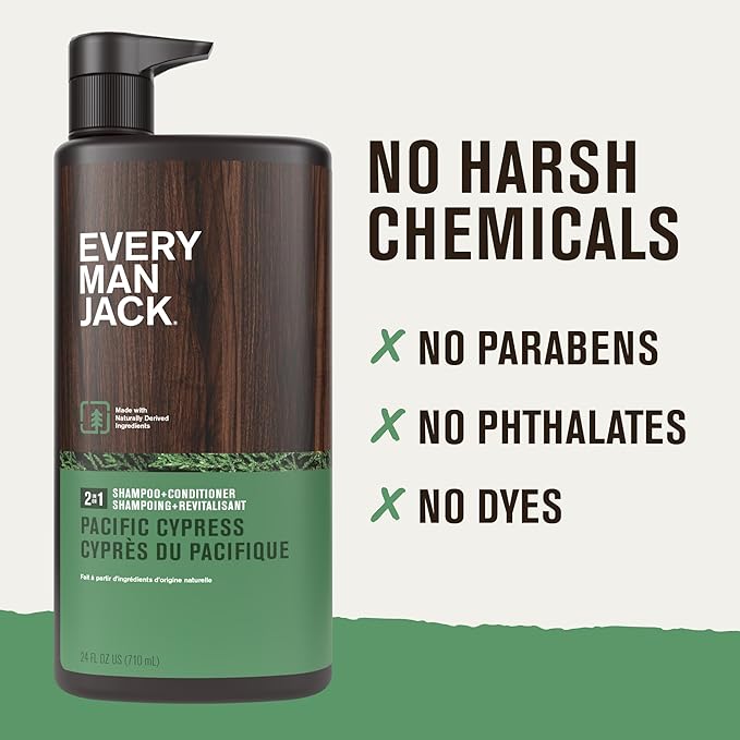 Every Man Jack 2-in-1 Daily Shampoo + Conditioner - Pacific Cypress | Nourishing For All Hair Types, Naturally Derived, Cruelty-Free Shampoo and Conditioner Set for Men | 24oz -1 Bottle