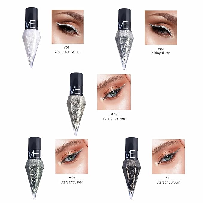 Go Ho Glitter Eyeliner Colorful Set,5 Colors Metallic Shimmer White Silver Brown Diamond Shine Eye Liner,Glitter Eyeshadow,Waterproof Long Lasting Glow Sparkle Eye Makeup