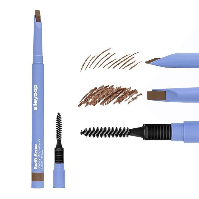 ALLEYOOP Swift Eyebrow All-In-1 Brow Definer with Built-In Sharpener & Spoolie Brush, Water & Smudge Resistant and Eyebrow Pencil for Women, Natural Matte Finish, Vegan, Cruelty-Free (Medium Brown)
