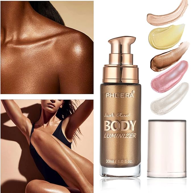 Body Shimmer Oil, Glistening Bronze Natural Glow Luminizer, Long Lasting Moisturizing Liquid Illuminator Highlighter Makeup for a Sun-Kissed Glow, Brush Include, 1oz, Medium