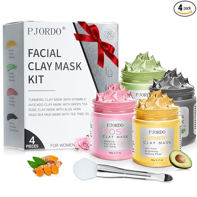 Pjordo 4 Pcs Clay Mask for Face(360g in Total), Turmeric Vitamin C, Dead Sea Mud, Green Tea Avocado, Rose, Face Masks Skincare for Pore Cleansing, Facial Masks for Women Skin Care, 3.17 Oz Each