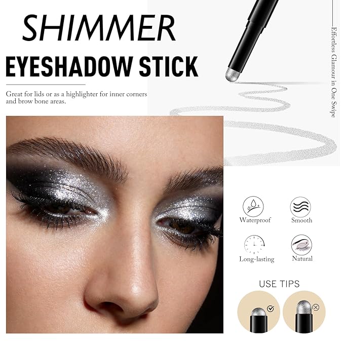 Cream Eyeshadow, Silver Shimmer Glitter Eye Shadow Stick Waterproof Long Lasting Neutral Smoky Eyeshadow Pencil Highlighter Makeup High Pigmented Blendable Eyeliner Pen for Women
