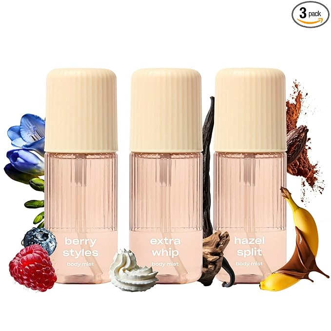 Snif Gourmand Body Mist Set with Vanity Pouch – Extra Whip, Berry Styles & Hazel Split | Hair & Body Fragrance Variety Pack | Vanilla, Berry & Chocolate Hazelnut | Clean Vegan | 2.5oz (3 Pack)