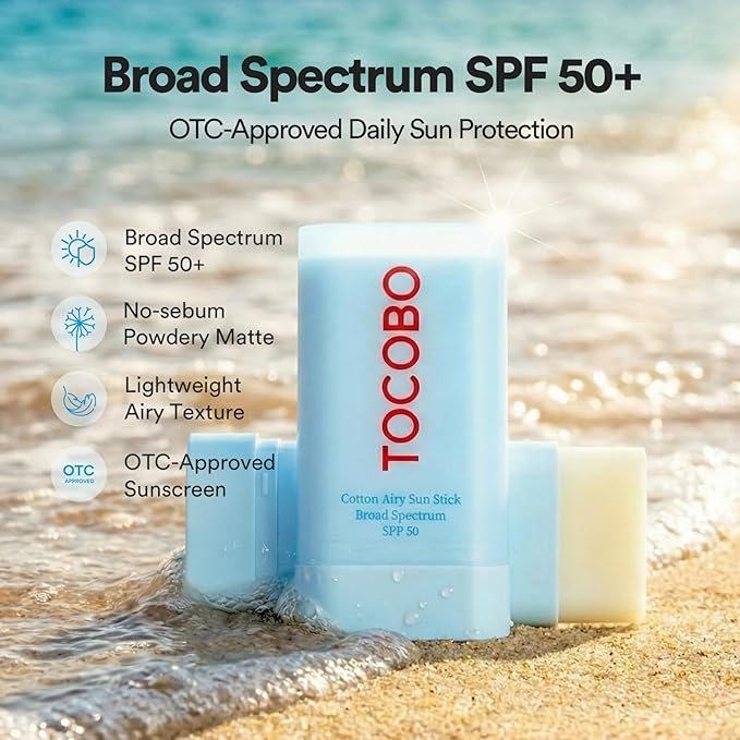 TOCOBO Cotton Airy Sun Stick SPF 50 Broad Spectrum Korean Matte Sunscreen Stick for Face - Travel Size Sebum Control Sunblock -Vegan, Lightweight, 0.67 oz (1single pack)