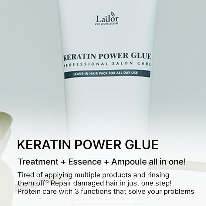 LADOR Keratin Power Glue Leave-In Conditioner Protein Hair Treatment Mask Heat Protectant Gloss Shine Snail Mucin Detangler Serum for Dry Damaged Curly Color Treated Bleached Hair 5.3 Oz Korean