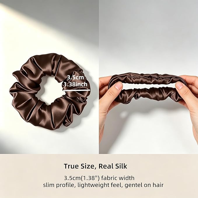 ZLYC 100% Mulberry Silk Scrunchie 19 Momme Gentle Creaseless Hair Tie for Women Dent-Free Ponytail Holder, 3.5cm Solid Coffee