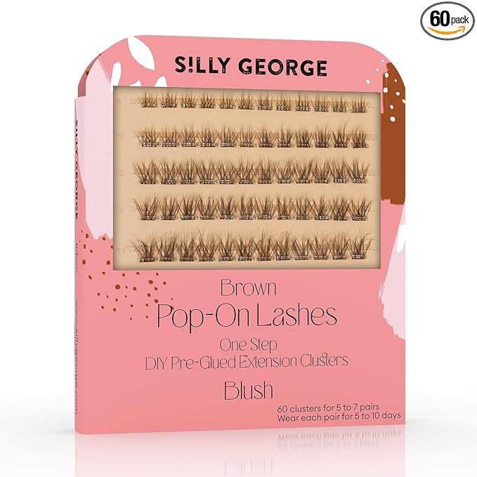 Silly George Pop-On Lashes - DIY 1-Step Pre-Glued Faux Eyelash Clusters, Natural Look Extensions, Light Brown - Blush, 5-7 Pair Set, Pack of 60 Clusters