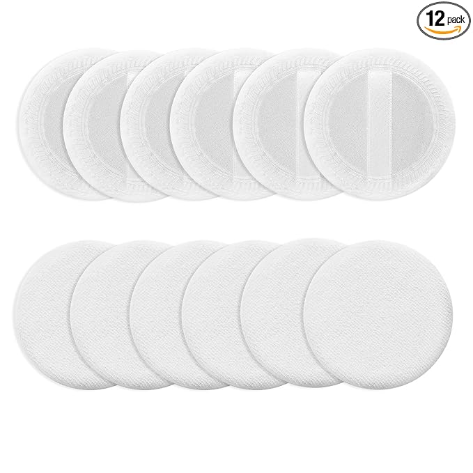 Sibba Loose Powder Make up puff 12 Pieces Round Velour Face Makeup Compact Body Container Setting Pressed Blending Foundation Cream Make Up Ribbon Strap Sponge Cushion Applicator (White)