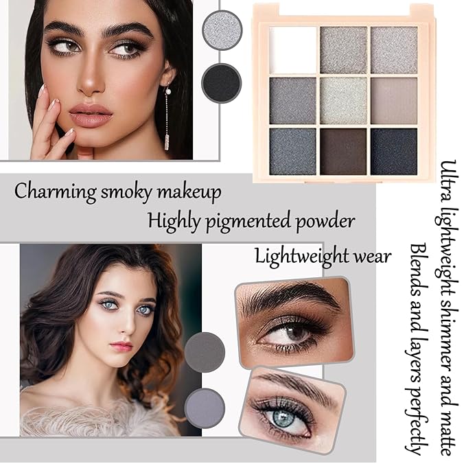 Black Grey Smoky Eyeshadow Palette,15 Colors Matte Shimmer Pigmented Eye Shadow Makeup Palette Set with 3 Eyeshadow Brushes,Glitter Eye Shadow Palette for Daily Halloween Goth Makeup(F)