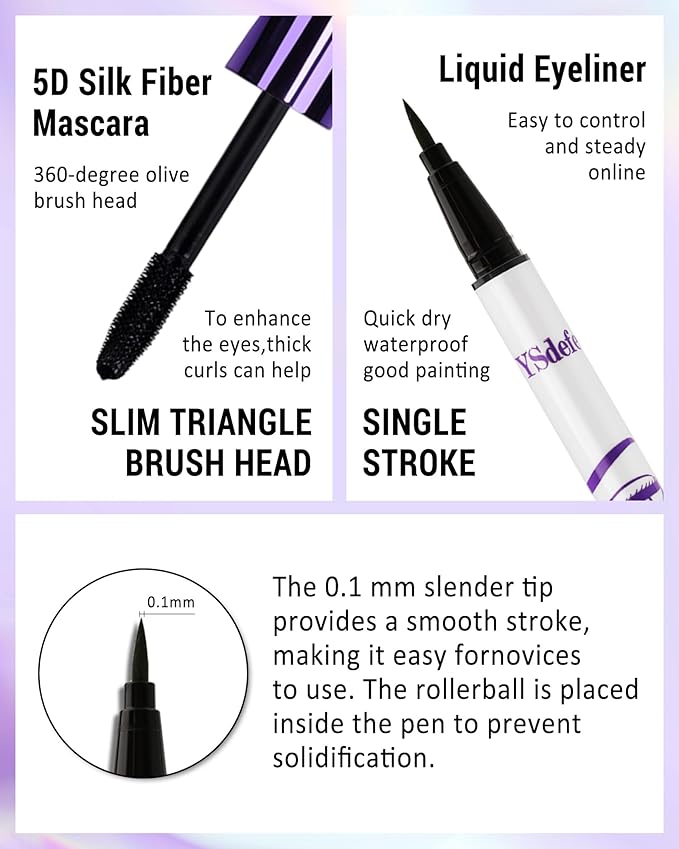 Black Mascara Liquid Eyeliner Set,Update Longlasting Waterproof Color Eye Liner Pen,5D Silk Fiber Colored Mascara Volume and Length,Women's Mother's Day Party Stage Makeup Gift Kit for Women Girl-01