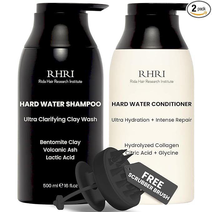 Hard Water Shampoo & Conditioner Set | Hydrating Hair Treatment for Shine & Manageability | Clarifying Wash with Bentonite Clay, Volcanic Ash, Lactic Acid | Metal Detox Shampoo with Collagen 32 FL oz