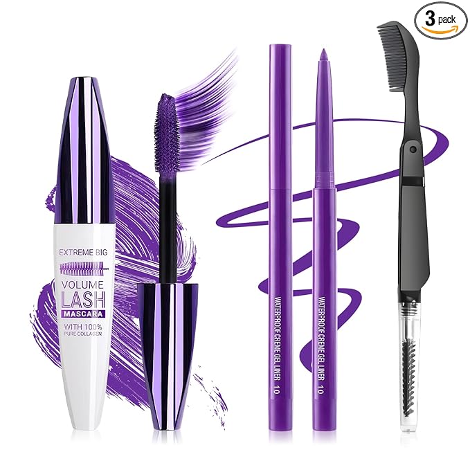 Purple Mascara and Eyeliner Set,5D Colored Mascara Volume and Length Waterproof,Natural Curling rimel de pestañas,Suitable for Women Eye Makeup