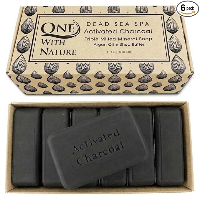 One With Nature Activated Charcoal Soap 4oz 6-Pack Gift Box – Detoxifying and Exfoliating Charcoal Soap Bar with Dead Sea Salt for Face & Body, for Men & Women