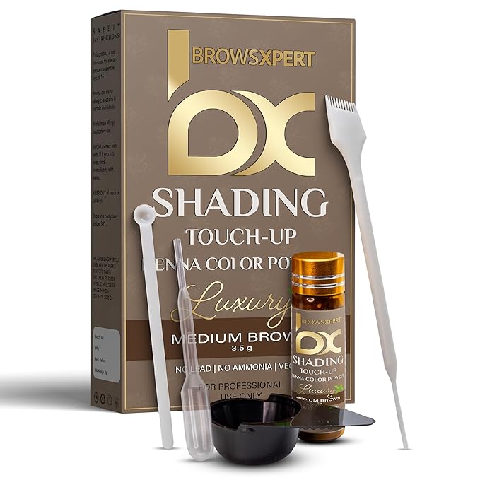 BROWSXPERT Professional Shading Touch-Up Kit — Herbal Henna Color Powder with Mixing Dish, Stir & Brush + Follow Instructions | 3.5g | Medium Natural Brown