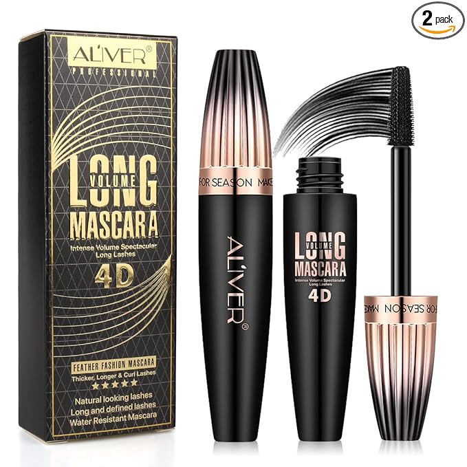 2 Pack 4D Silk Fiber Lash Mascara, Waterproof Very Black Long Lasting Mascara, Lengthening Lifting Multiplying Curling Natural Eyelash Primer Brush, Thickening Softer Lasting All Day, 2 Tube
