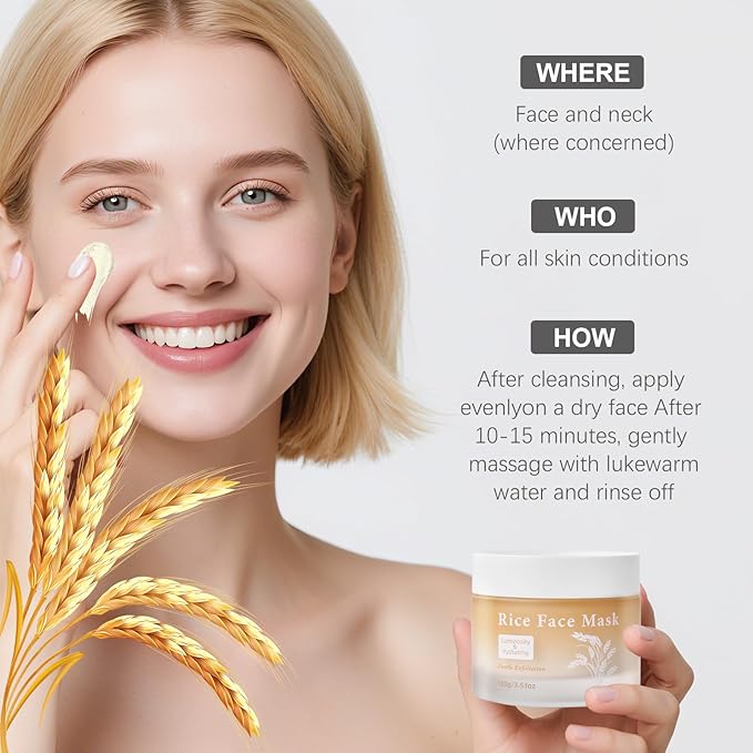 Rice Face Mask, Gentle Exfoliating Wash Off Facial Mask for Dull, Rough Skin, Pore Clearing, Remove Dead Skin Cells for All Skin Types 3.53 Fl Oz