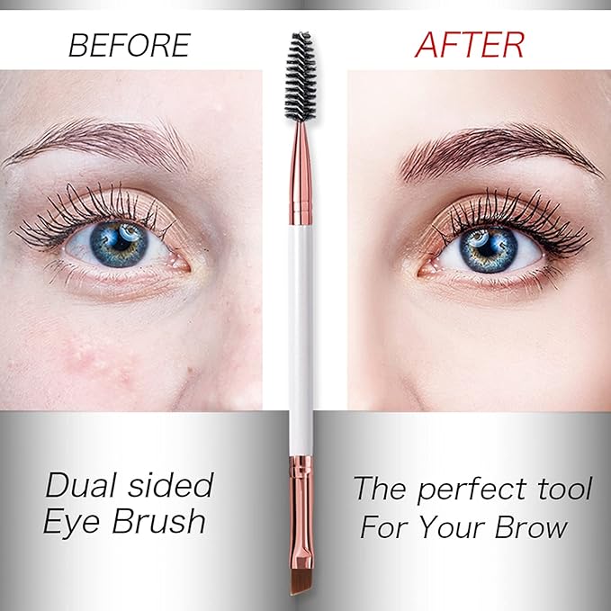 Duo Eyebrow and Eyelash Brush - Spoolie and Angled Brow Brush for Eye Makeup (5pcs, White)