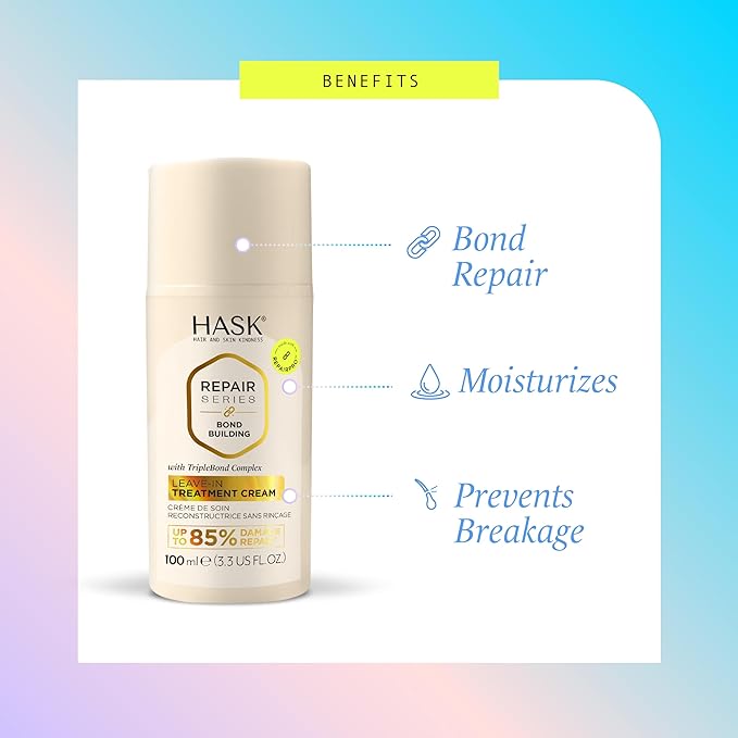 HASK Bond Building Leave-In Treatment Cream with TripleBond Complex & Argan Oil, Repairs Damage, Prevents Breakage, Adds Moisture, Sulfate-Free, Cruelty-Free, Color-Safe – 3.3 oz