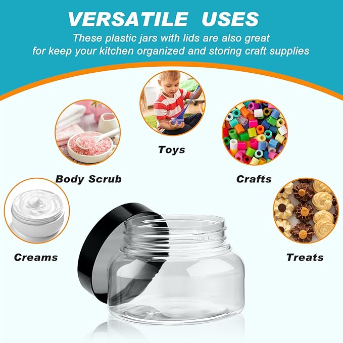 Tessco for you 24 Pack Plastic Jars with Lids Labels Multiuse Slime Containers Empty Body Scrub Jars Round Refillable Cosmetic Body Butter Container for Makeup (8 oz,Clear,Black)