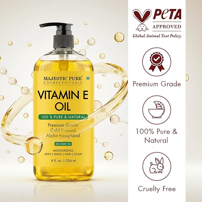 Majestic Pure Vitamin E Oil 8 Fl Oz - 100% Pure and Natural- Cold Pressed & Hexane Free Natural Hair Growth Oil for Eyelashes, Eyebrows, Skin, Body, Face, Nails & Scalp (Pack of 2)