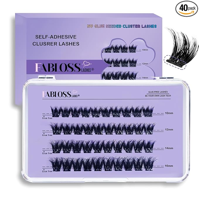 Fabloss Self Adhesive Eyelashes Clusters 40Pcs-Thick Volume Lashes Press On Lashes Self Adhesive Lashes Pre-Glued Lashes Clusters Kit No Remover No Residue 14-16MM