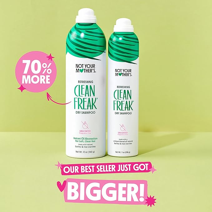 Not Your Mother's Value Pack Clean Freak Unscented Jumbo Dry Shampoo (2-Pack) - 12 oz Each - 70% More to Instantly Absorb Oil and Refresh Hair Between Washes - No Scent - For All Hair Types