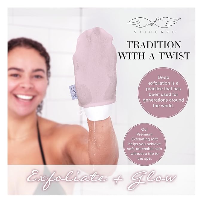 Seraphic Skincare Limited-Edition Pink Premium Exfoliating Mitt for Body 1pc – Exfoliating Glove & Body Scrubber for Shower Use, Deep Body Exfoliation, Dead Skin Removal & Self Tanner Washcloth