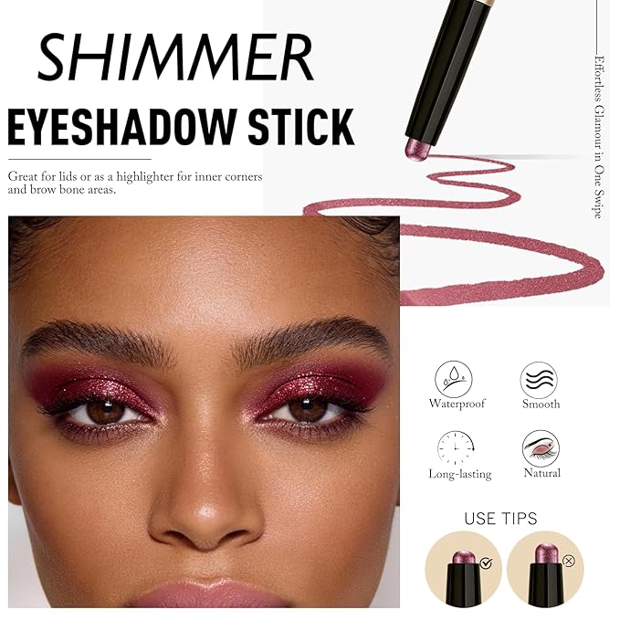 Cream Eyeshadow Stick, Shimmer Burgundy Eye Shadow for Older Women Long-Lasting Waterproof, Metallic Eyeshadow Crayon Buildable High Pigmented Sparkle Eye Highlighter sombras para ojos