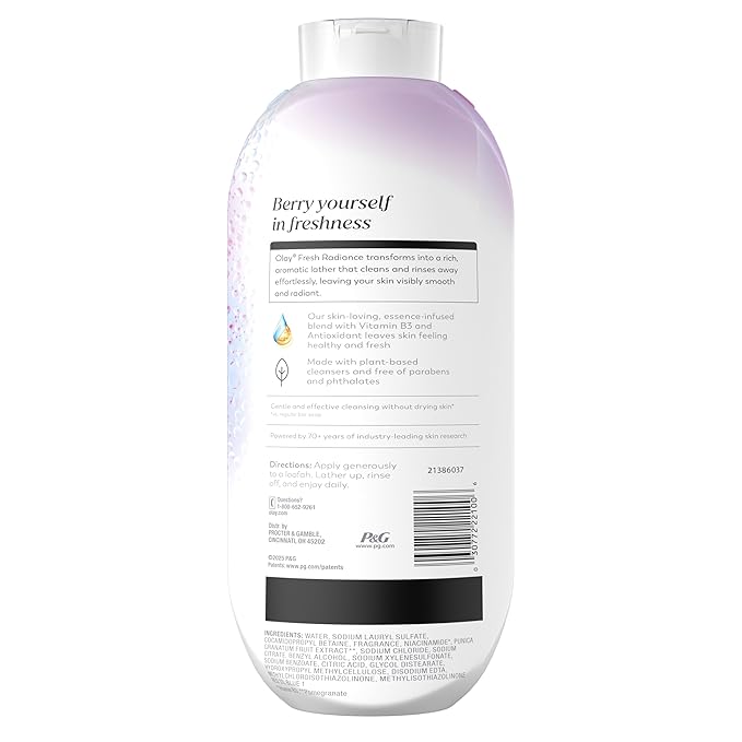 Olay Body Wash for Women, Fresh Radiance, 24/7 Skin-Loving Freshness, Visibly Radiant, Plant Based Cleansers, Vitamin B3 & Antioxidant Blend, For All Skin Types, Berries Frescas Scent, 22 fl oz